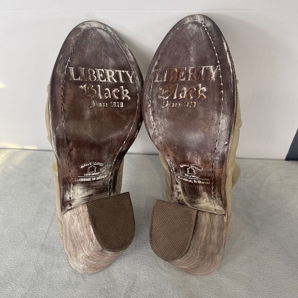 Liberty Black Peep Toe Mule Heels Size 7 Cognac Cream Leather Chunky - Picture 8 of 10